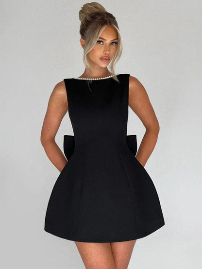 Pearl Bow Slim Backless A-Line Short Dress
