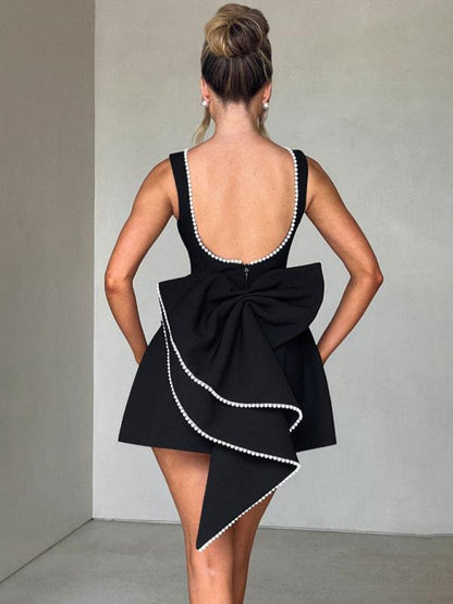 Pearl Bow Slim Backless A-Line Short Dress