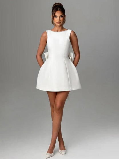 Pearl Bow Slim Backless A-Line Short Dress
