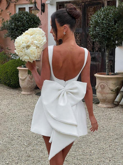 Pearl Bow Slim Backless A-Line Short Dress