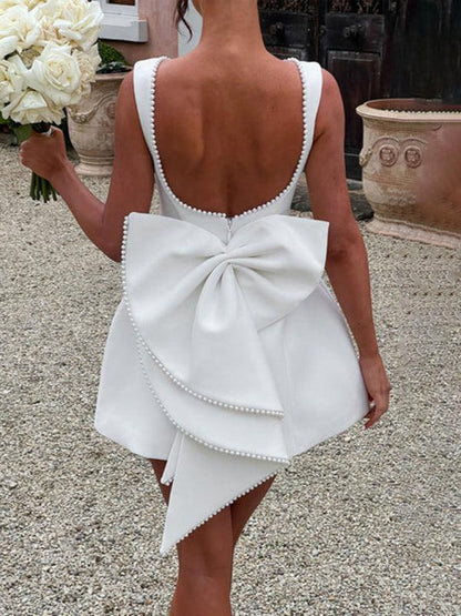Pearl Bow Slim Backless A-Line Short Dress